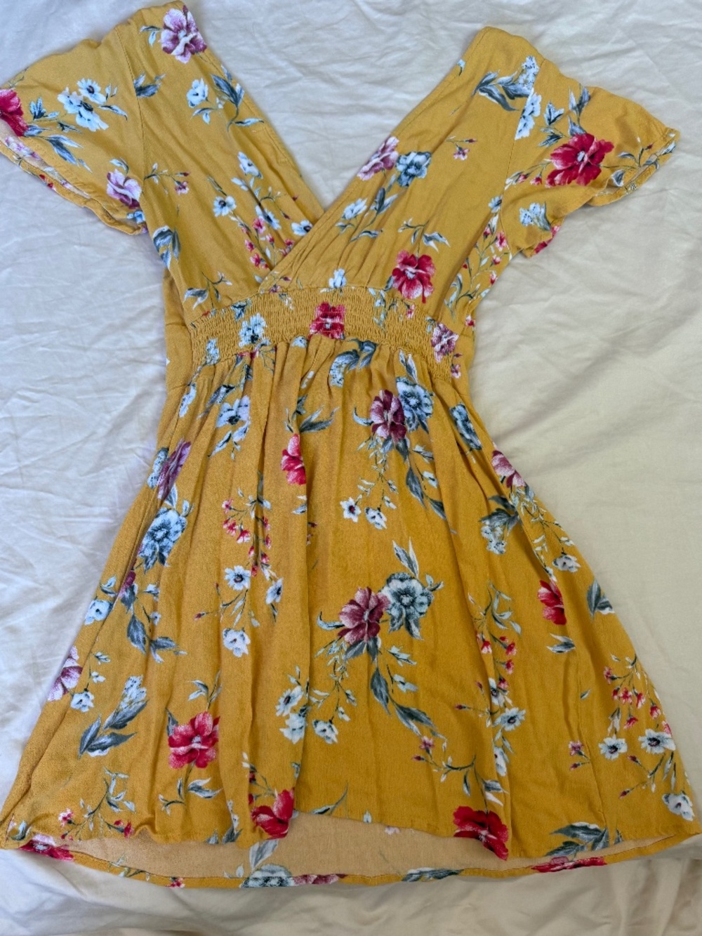 Mustard Floral Wrap Mini Dress | XS